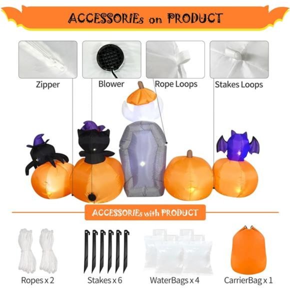 8FT Halloween Inflatable Decorations, Blow Up Pumpkins, LED Lights